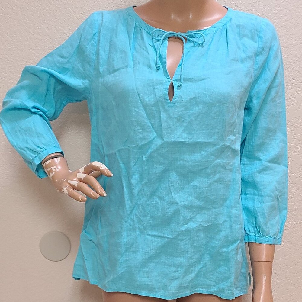 NEW NWOT! EILEEN FISHER 100% IRISH LINEN PEASANT BLOUSE BOHO TOP TIE NECK sz XS